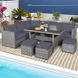 7 Pieces Patio Rattan Dining Furniture Sectional Sofa Set with Wicker Ottoman-Red