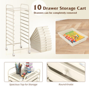 10 Drawer Rolling Storage Cart Organizer with 4 Universal Casters-White