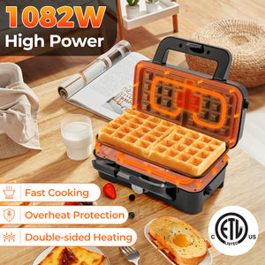3-in-1 1082W Sandwich Maker with Removable Non-Stick Plates-Black