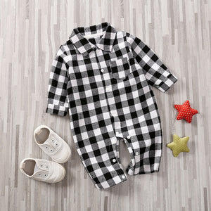 Spring Autumn Newborn Cotton  Casual classic Plaid Collar Jumpsuit for Baby Boys / Girls In Elegant Retro Modern Style