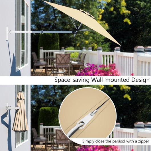 8ft Wall-Mounted Telescopic Folding Tilt Aluminum Sun Shade Umbrella-Tan