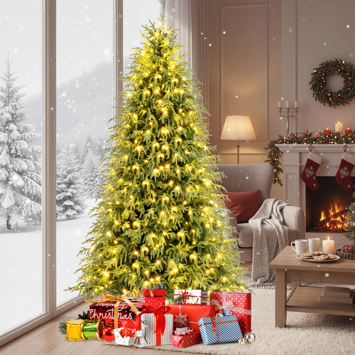 7/7.5/8 Feet Pre-Lit Artificial Christmas Tree Hinged Faux Xmas Tree with Soft Branch Tips-7.5 feet