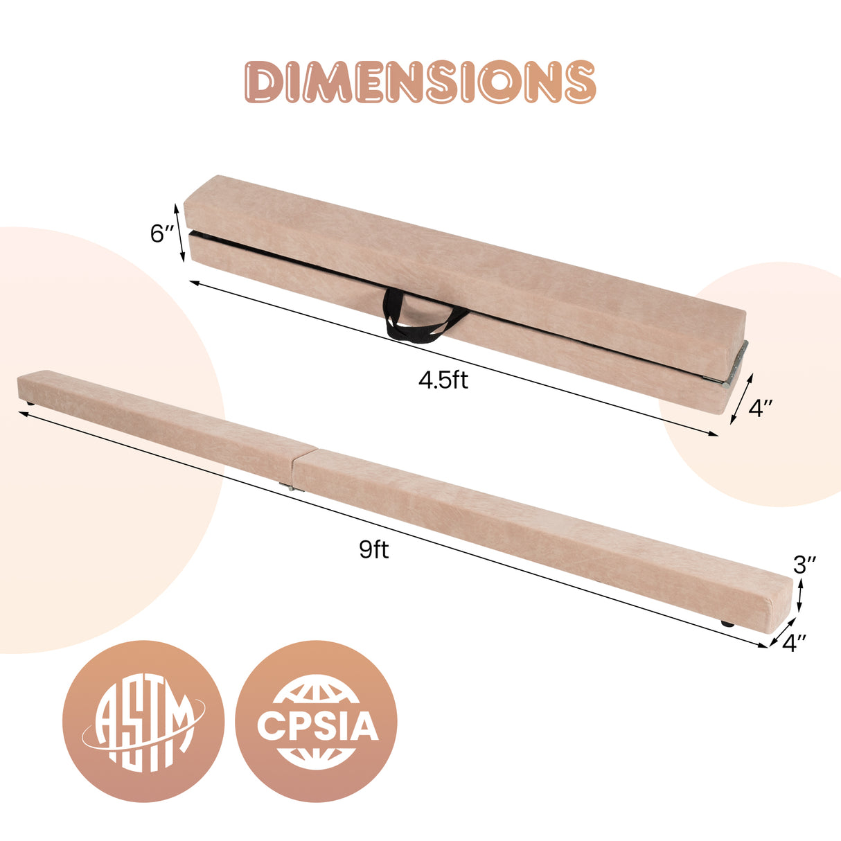9 FT Folding Gymnastics Balance Beam with Anti-slip Base and Pine Wood Frame-Brown
