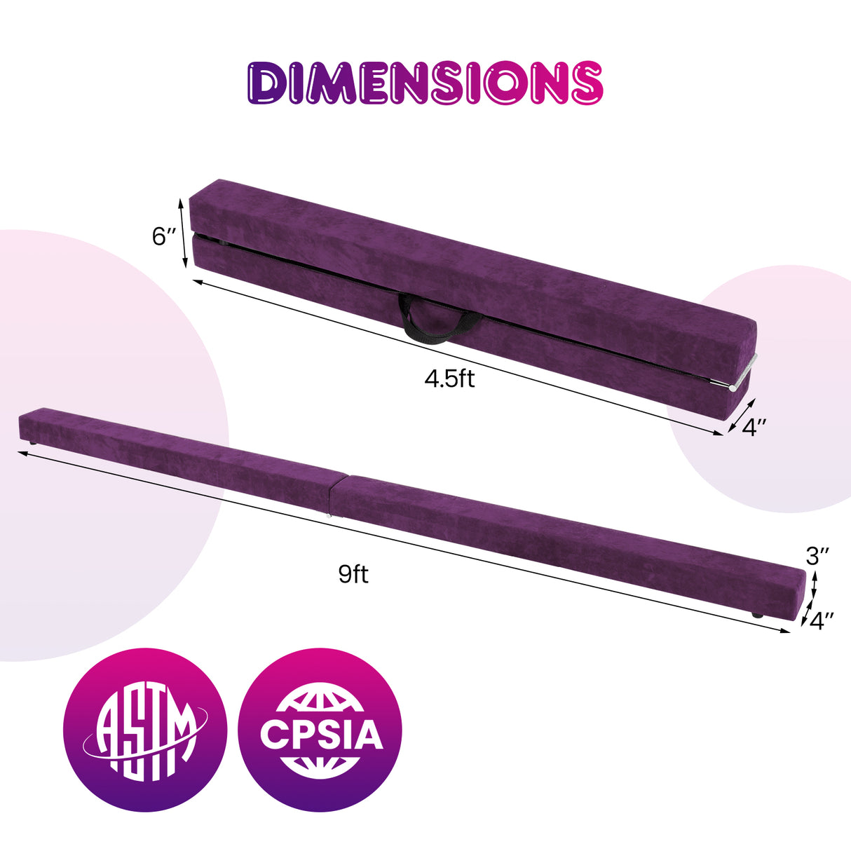 9 FT Folding Gymnastics Balance Beam with Anti-slip Base and Pine Wood Frame-Purple