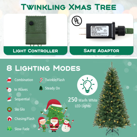 6/7/8 FT Artificial Christmas Tree with 568/830/1182 Branch Tips and 200/250/400 Warm White LED Lights-L