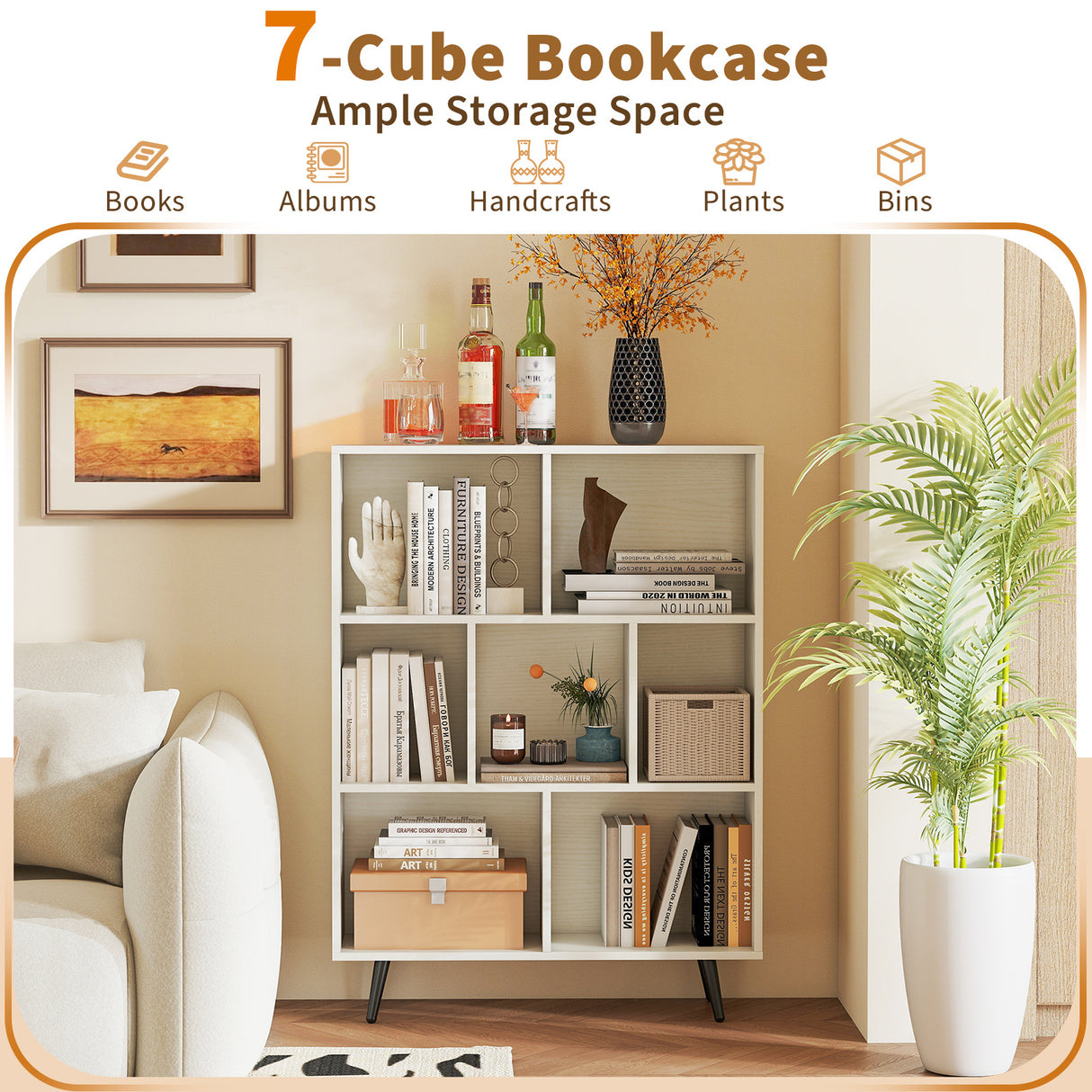 7/8/10-Cube Bookcase with 5 Tapered Metal Legs-7 Cubes