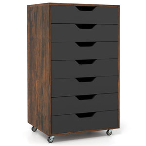 7-Drawer Chest Wooden Storage Dresser with Lockable Wheels-Rustic Brown