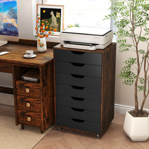 7-Drawer Chest Wooden Storage Dresser with Lockable Wheels-Rustic Brown