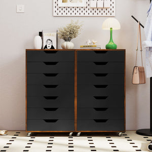 7-Drawer Chest Wooden Storage Dresser with Lockable Wheels-Rustic Brown