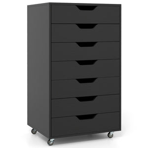 7-Drawer Chest Wooden Storage Dresser with Lockable Wheels-Black