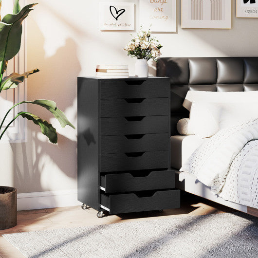 7-Drawer Chest Wooden Storage Dresser with Lockable Wheels-Rustic Brown