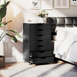 7-Drawer Chest Wooden Storage Dresser with Lockable Wheels-Rustic Brown