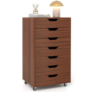 7-Drawer Chest Wooden Storage Dresser with Lockable Wheels-Walnut