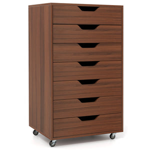 7-Drawer Chest Wooden Storage Dresser with Lockable Wheels-Walnut