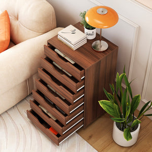 7-Drawer Chest Wooden Storage Dresser with Lockable Wheels-Walnut