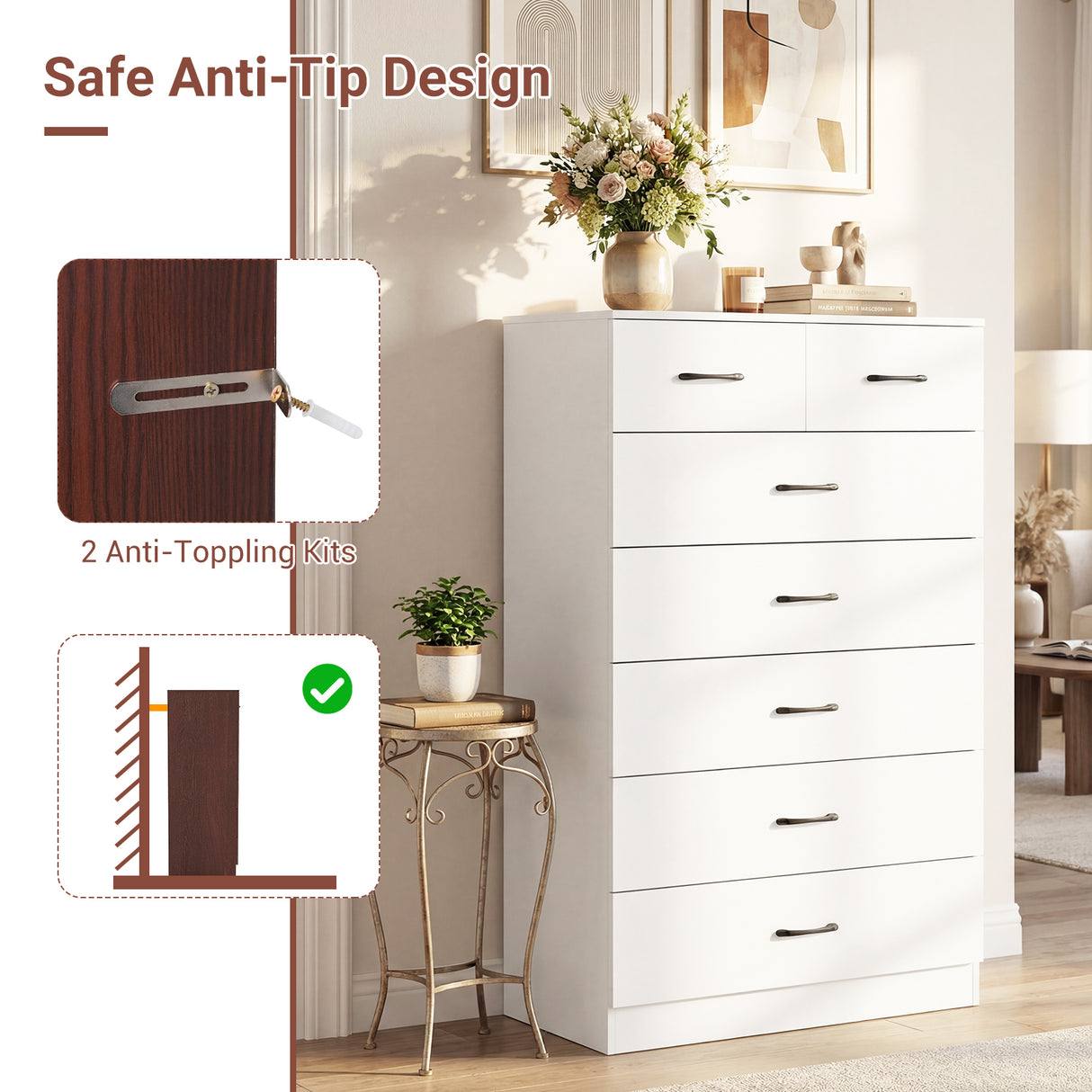 7-Drawer Tall Dresser with Metal Handles and Anti-Tipping Kits-White