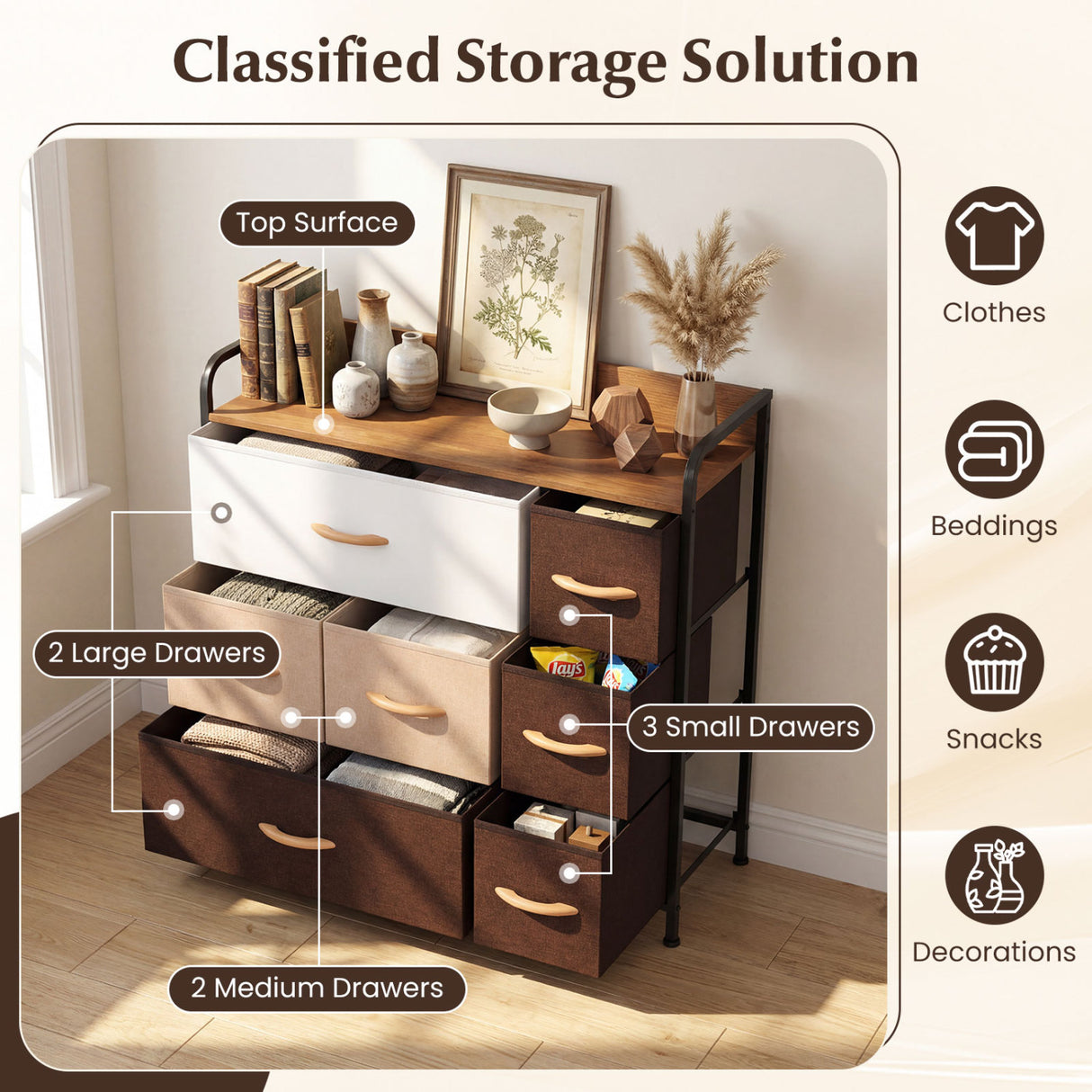7 Drawer Tower Steel Frame and Wooden Top Dresser Storage Chest for Bedroom