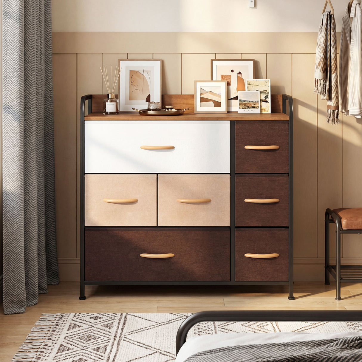 7 Drawer Tower Steel Frame and Wooden Top Dresser Storage Chest for Bedroom