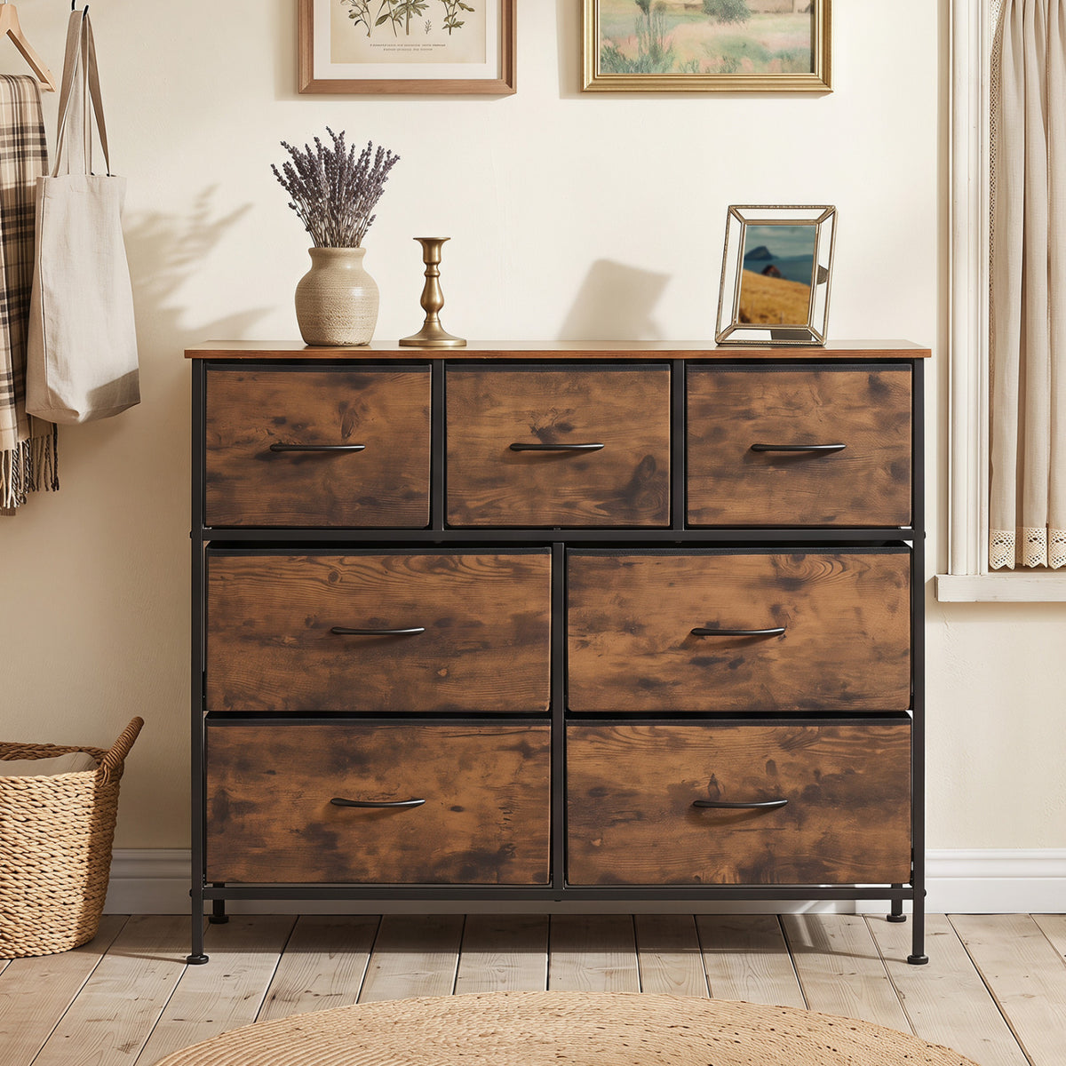 7-Drawer Wide Dresser with 2-Sized Folding Fabric Drawers for Bedroom-Rustic Brown