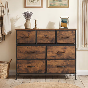 7-Drawer Wide Dresser with 2-Sized Folding Fabric Drawers for Bedroom-Rustic Brown