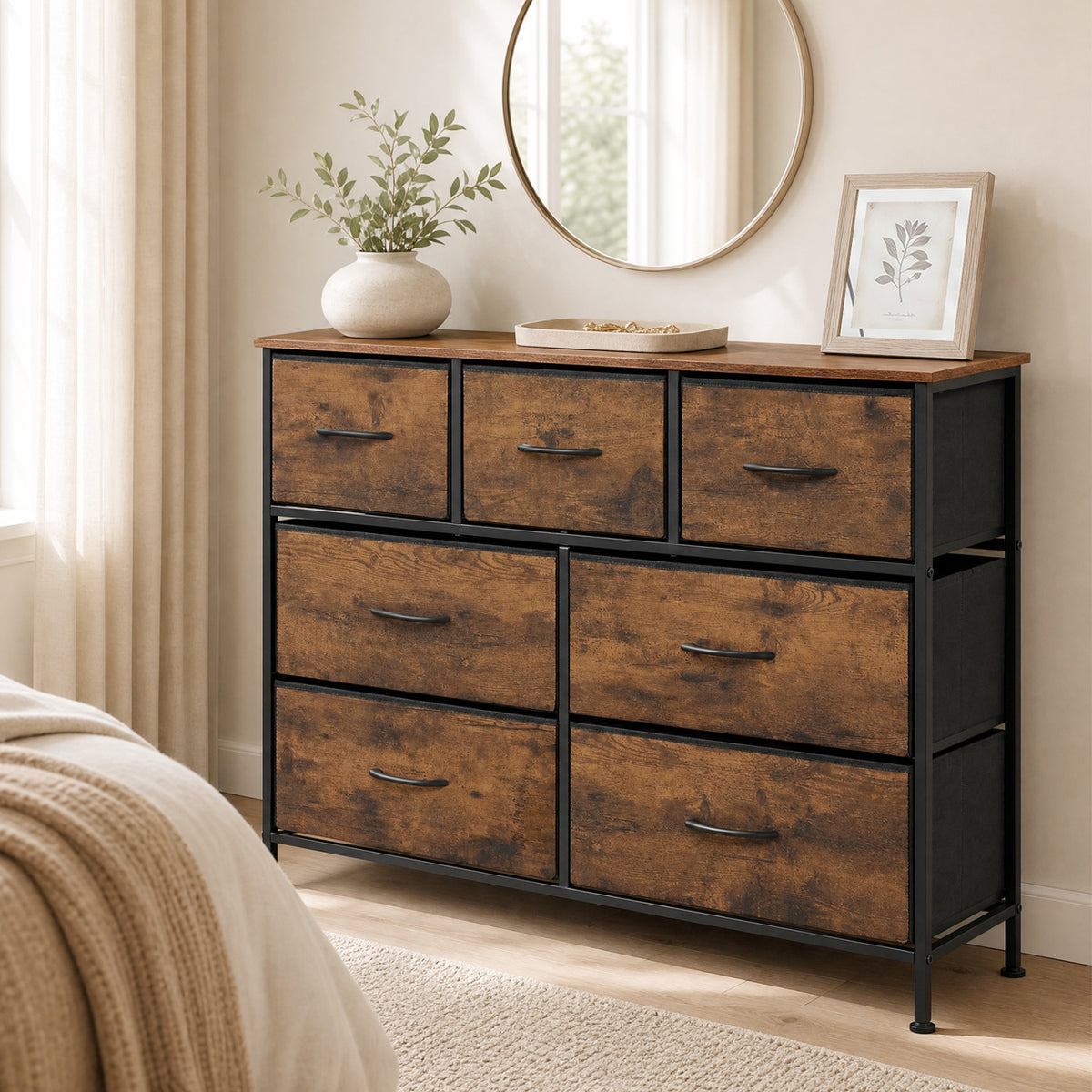 7-Drawer Wide Dresser with 2-Sized Folding Fabric Drawers for Bedroom-Rustic Brown