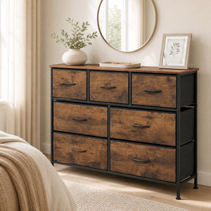 7-Drawer Wide Dresser with 2-Sized Folding Fabric Drawers for Bedroom-Rustic Brown