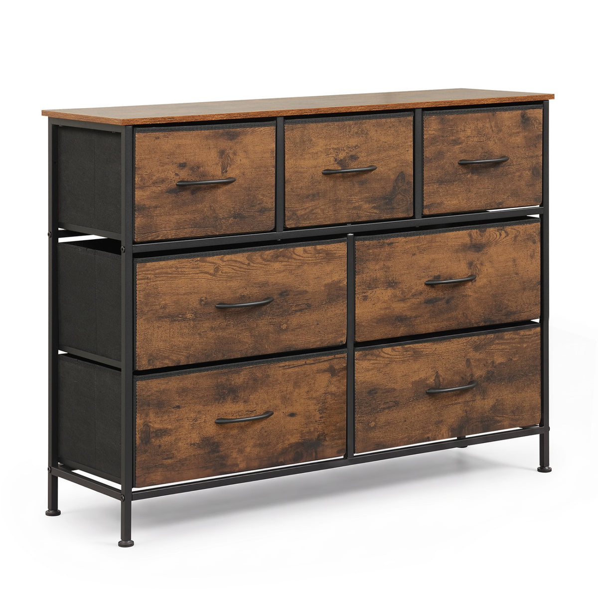 7-Drawer Wide Dresser with 2-Sized Folding Fabric Drawers for Bedroom-Rustic Brown