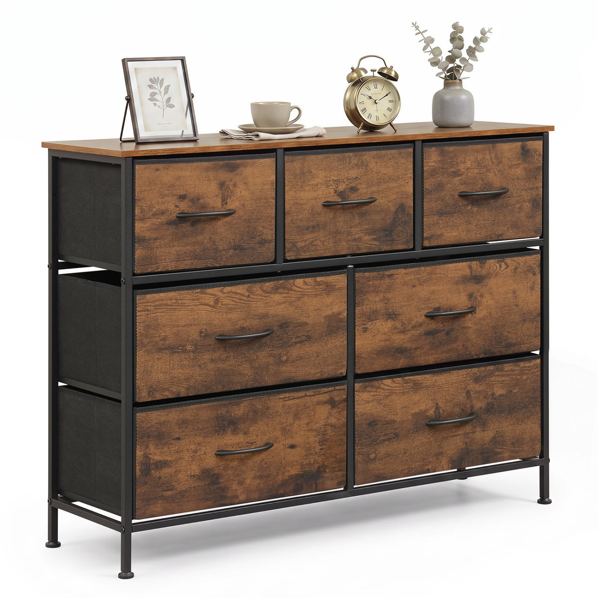 7-Drawer Wide Dresser with 2-Sized Folding Fabric Drawers for Bedroom-Rustic Brown