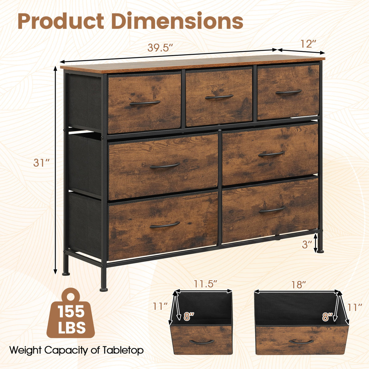 7-Drawer Wide Dresser with 2-Sized Folding Fabric Drawers for Bedroom-Rustic Brown