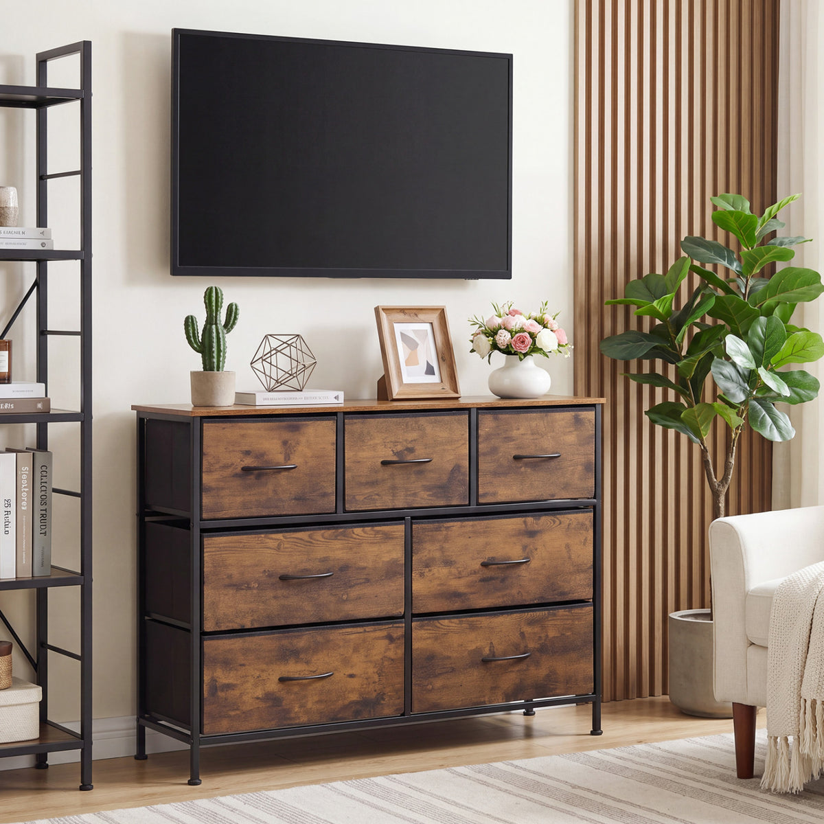 7-Drawer Wide Dresser with 2-Sized Folding Fabric Drawers for Bedroom-Rustic Brown