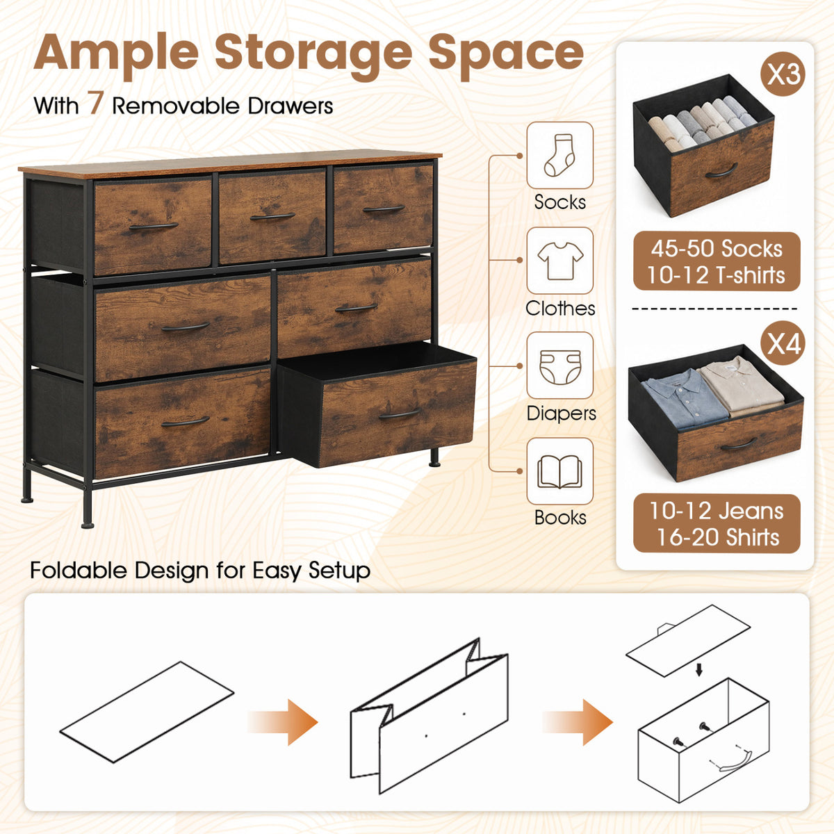 7-Drawer Wide Dresser with 2-Sized Folding Fabric Drawers for Bedroom-Rustic Brown