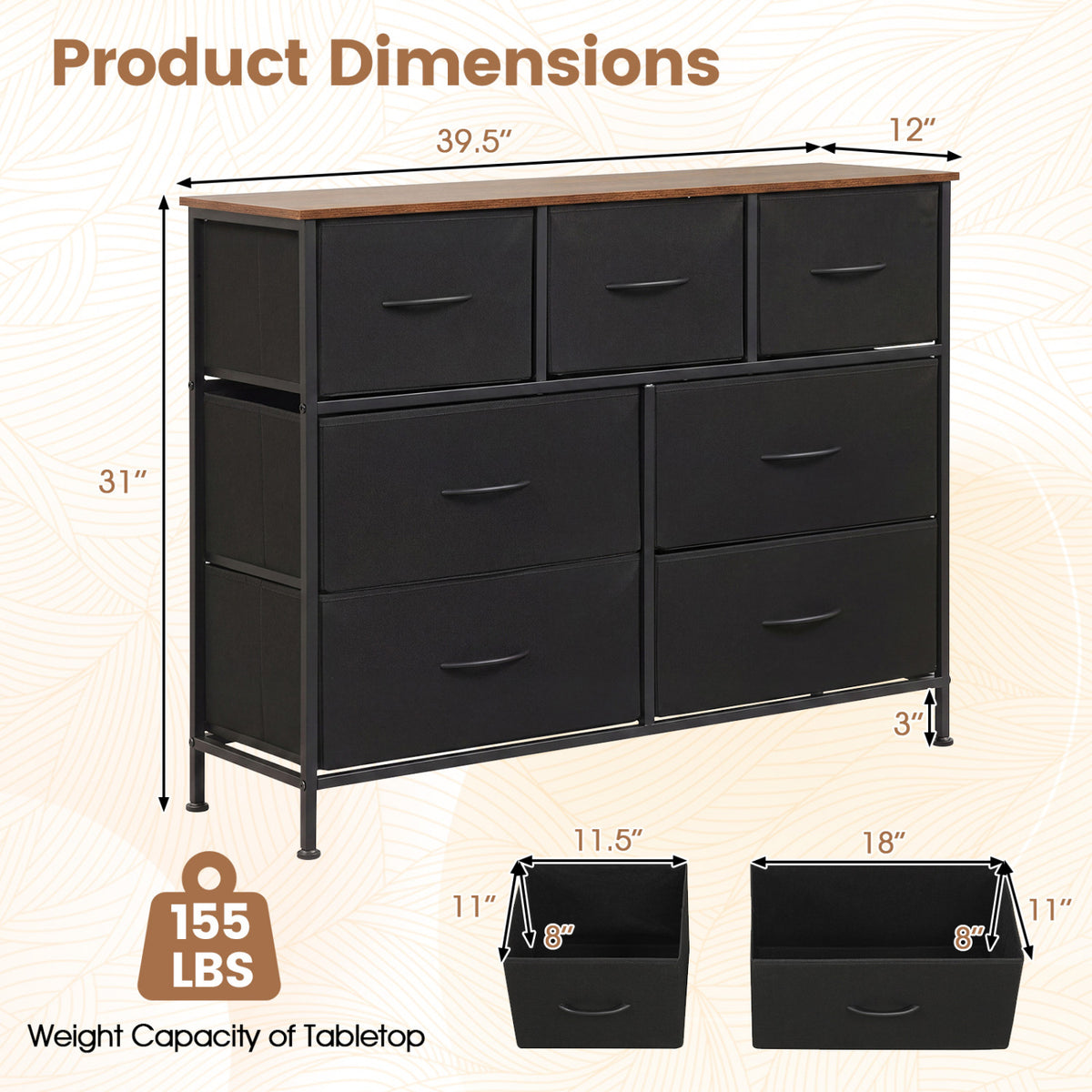 7-Drawer Wide Dresser with 2-Sized Folding Fabric Drawers for Bedroom-Black