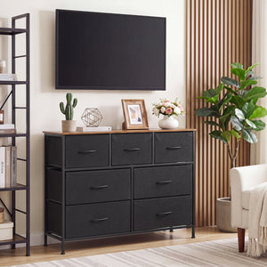 7-Drawer Wide Dresser with 2-Sized Folding Fabric Drawers for Bedroom-Black