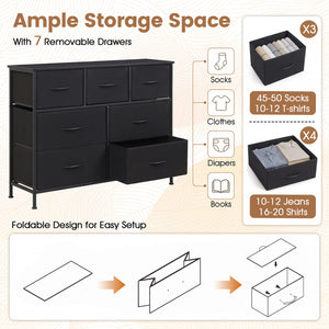7-Drawer Wide Dresser with 2-Sized Folding Fabric Drawers for Bedroom-Black