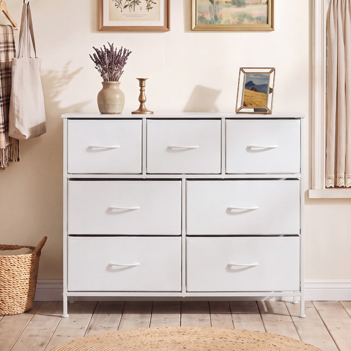7-Drawer Wide Dresser with 2-Sized Folding Fabric Drawers for Bedroom-White