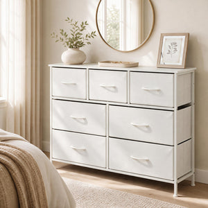 7-Drawer Wide Dresser with 2-Sized Folding Fabric Drawers for Bedroom-White