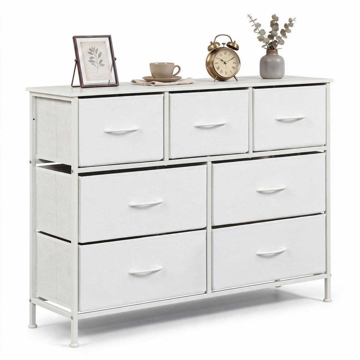 7-Drawer Wide Dresser with 2-Sized Folding Fabric Drawers for Bedroom-White
