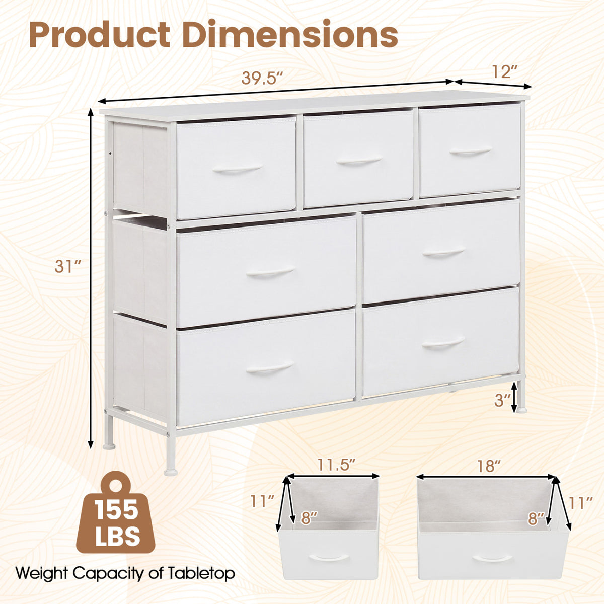 7-Drawer Wide Dresser with 2-Sized Folding Fabric Drawers for Bedroom-White