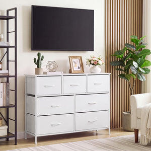 7-Drawer Wide Dresser with 2-Sized Folding Fabric Drawers for Bedroom-White