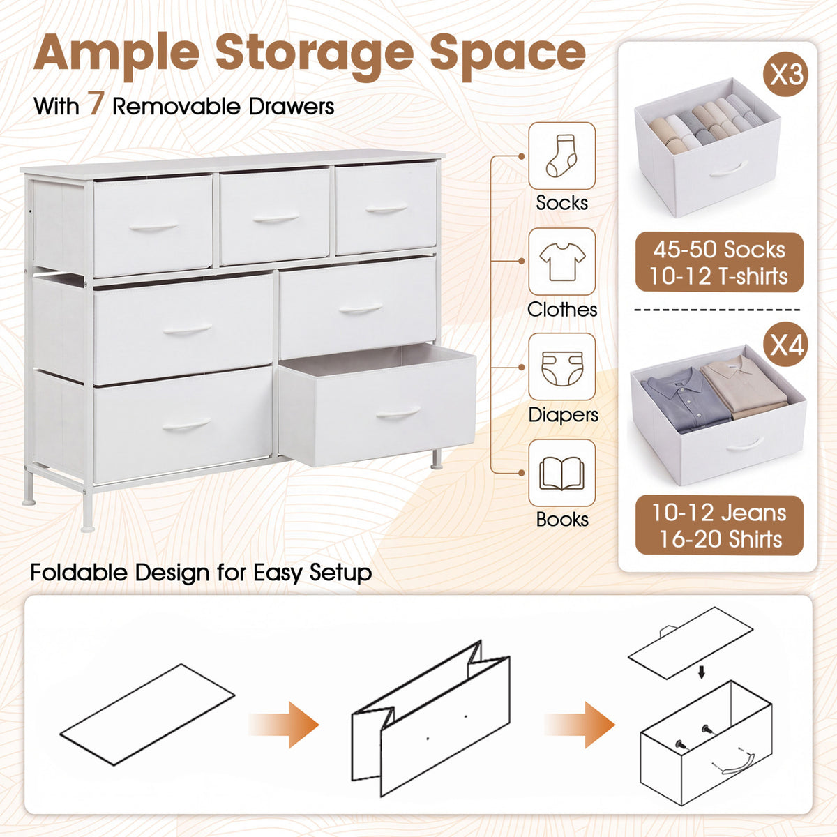7-Drawer Wide Dresser with 2-Sized Folding Fabric Drawers for Bedroom-White