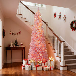 7 FTSnow-flocked Artificial Pink Christmas Tree Pre-lit Hinged Xmas Tree for Holiday Decoration