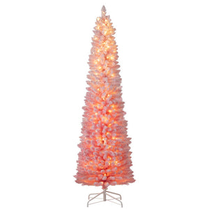 7 FTSnow-flocked Artificial Pink Christmas Tree Pre-lit Hinged Xmas Tree for Holiday Decoration