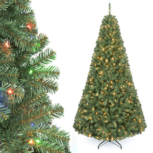 7 FT Artificial Christmas Tree with 2 Lighting Colors and Folding Metal Stand