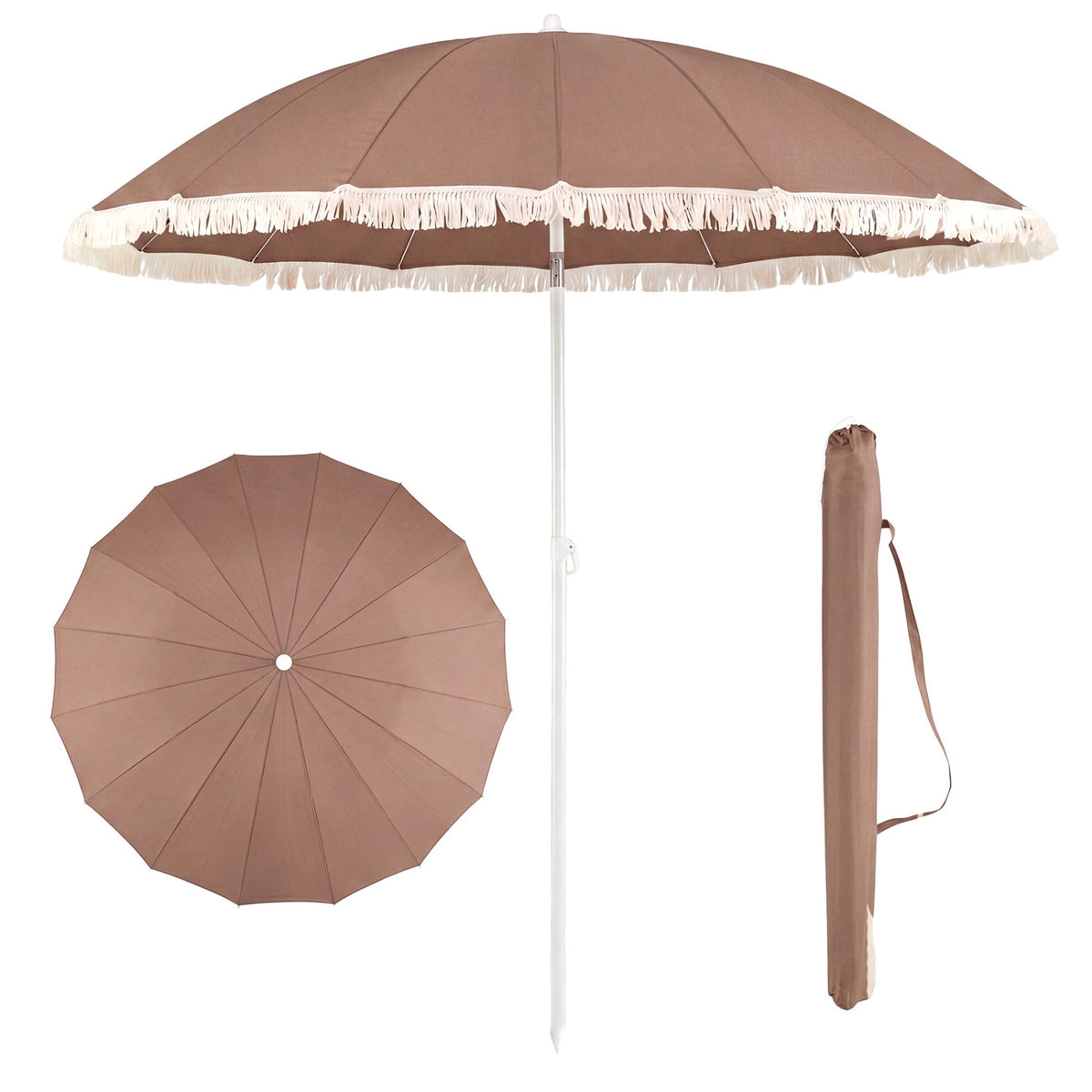 7 FT Patio Umbrella with Fringe Boho Tassel Umbrella for Outdoor Beach Garden Poolside-Brown