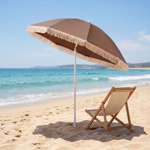 7 FT Patio Umbrella with Fringe Boho Tassel Umbrella for Outdoor Beach Garden Poolside-Brown