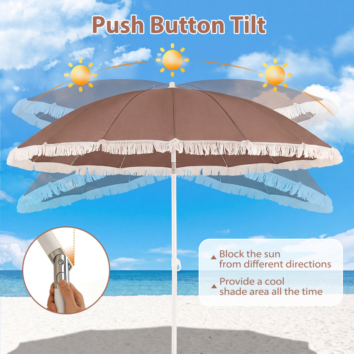 7 FT Patio Umbrella with Fringe Boho Tassel Umbrella for Outdoor Beach Garden Poolside-Brown