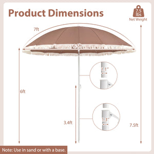 7 FT Patio Umbrella with Fringe Boho Tassel Umbrella for Outdoor Beach Garden Poolside-Brown