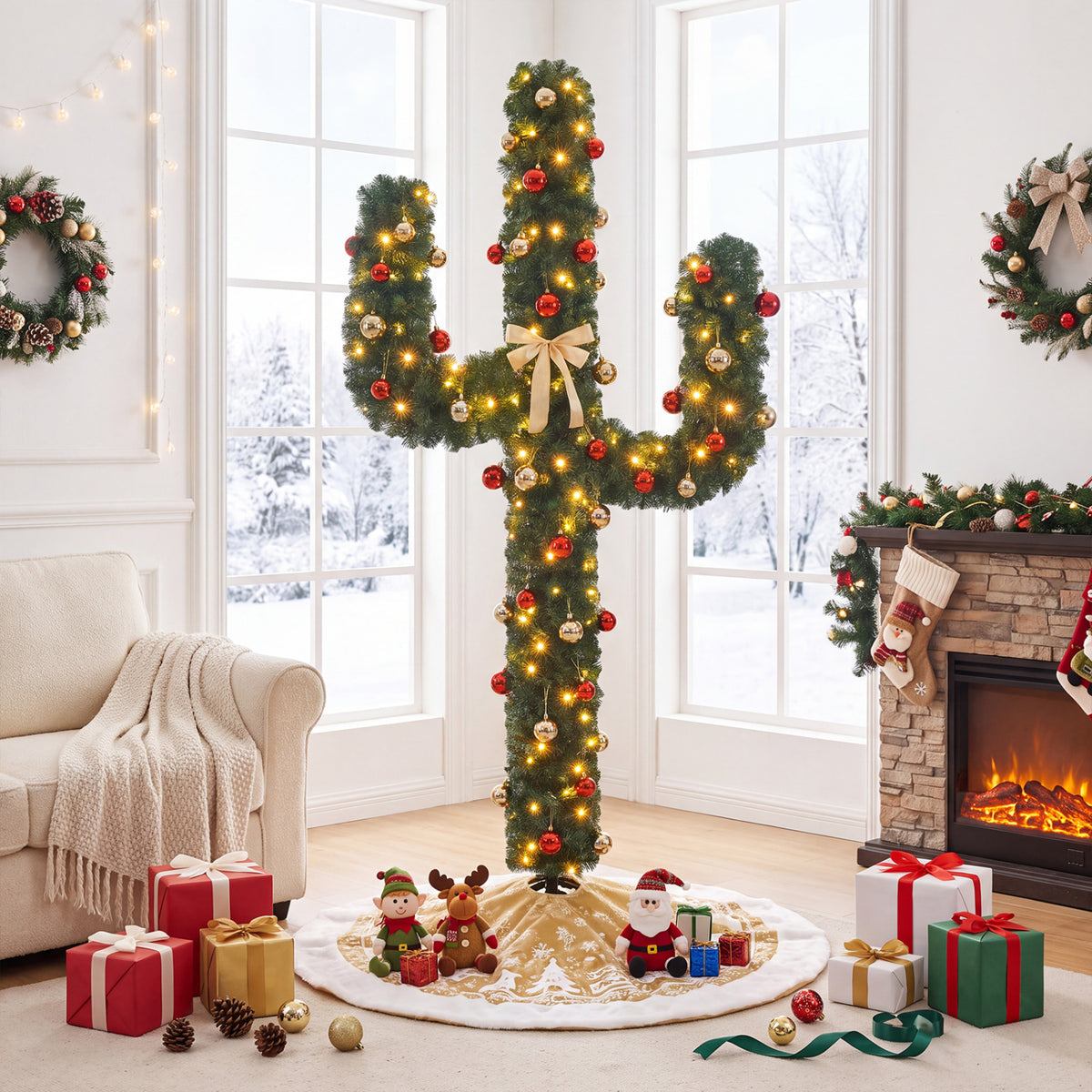 7 Feet Artificial Cactus PVC Christmas Tree with LED Lights and Ball Ornaments-7 ft