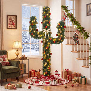 7 Feet Artificial Cactus PVC Christmas Tree with LED Lights and Ball Ornaments-7 ft