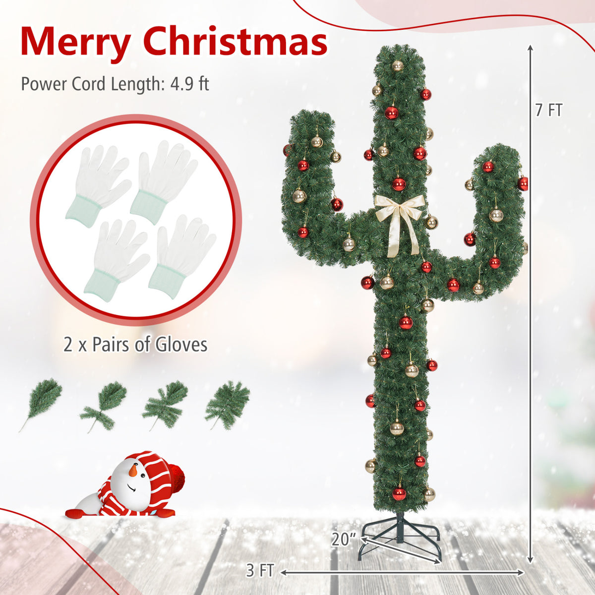 7 Feet Artificial Cactus PVC Christmas Tree with LED Lights and Ball Ornaments-7 ft